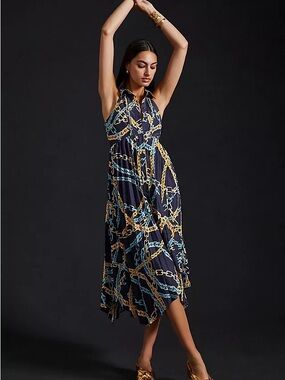 Maeve Anthropologie Pleated Hanky Hem Chain Pattern Dress